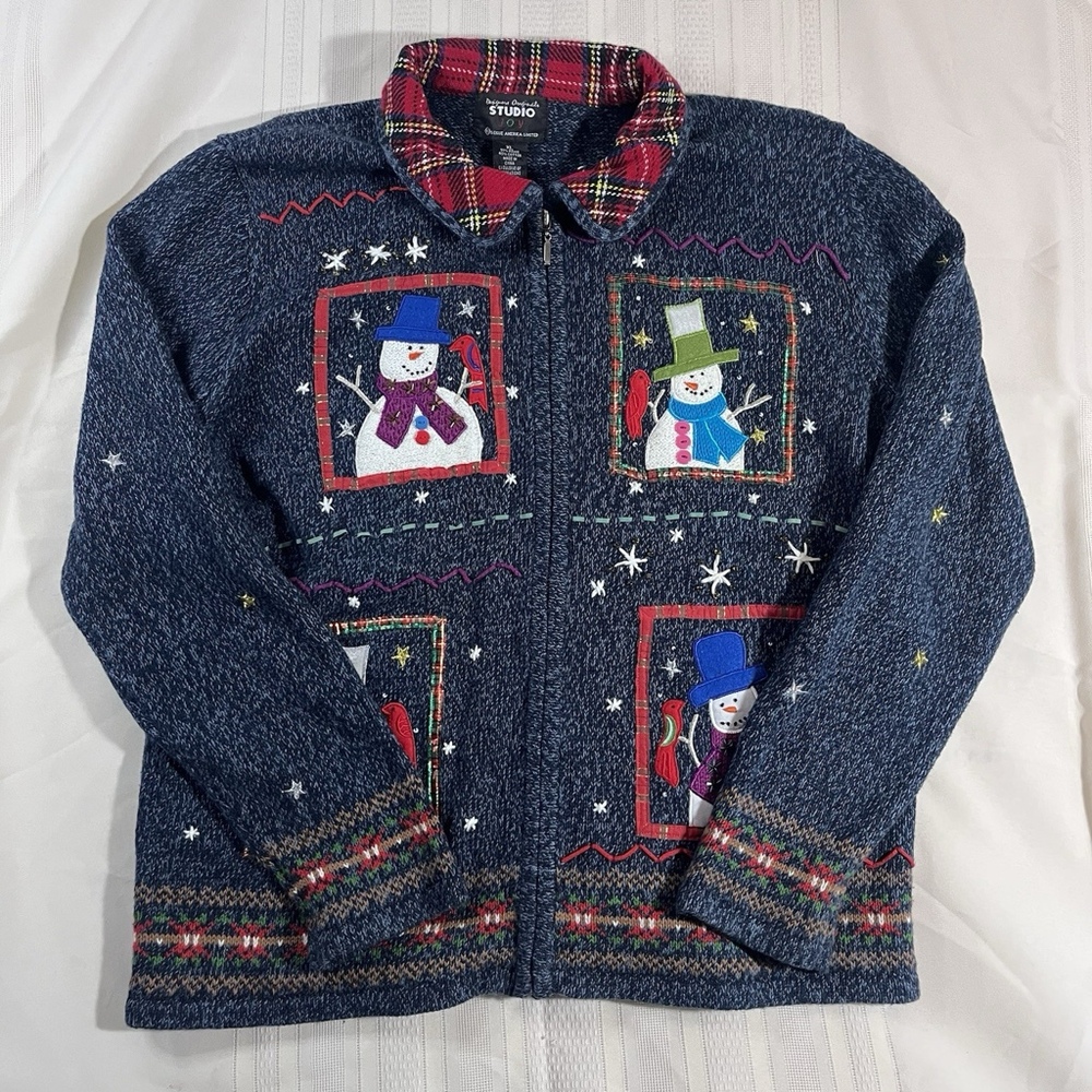 Designers Originals Studio Joy Snowman Ugly Christmas Sweater Womans  XL Zip